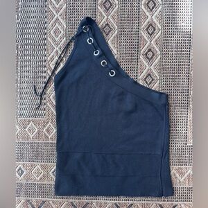 CACHE Vintage One Shoulder Silk Blend Knit Top Black w/ Silver Grommets Medium